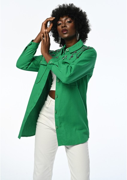 Kadın Robası Taş Işlemeli Düz Renk Gömlek-Ceket modelleri