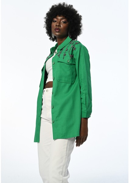 Kadın Robası Taş Işlemeli Düz Renk Gömlek-Ceket