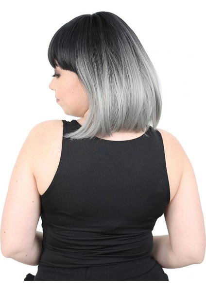 Kısa Küt Perçemli Fiber Sentetik Peruk - Siyah / Gri Ombreli modelleri