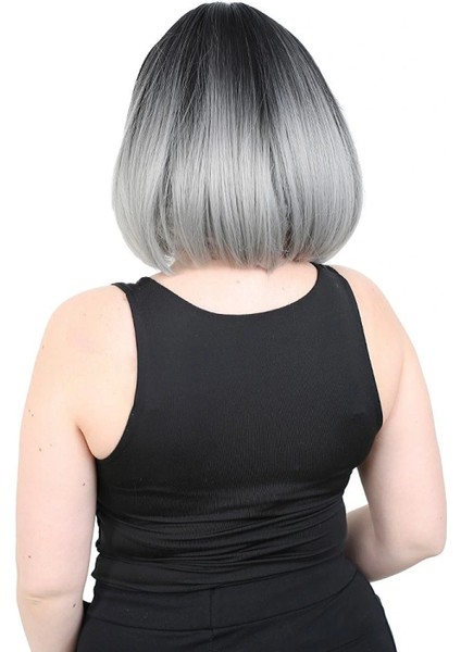 Kısa Küt Perçemli Fiber Sentetik Peruk - Siyah / Gri Ombreli fırsatları