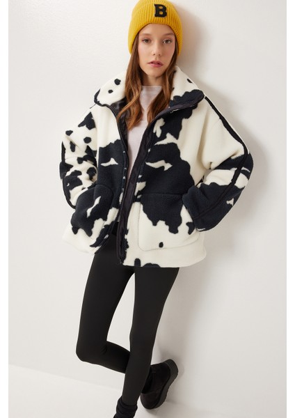 Dik Yaka Desenli Peluş Mont LCI0051 Ekru Siyah