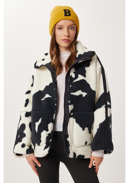 Dik Yaka Desenli Peluş Mont LCI0051 Ekru Siyah fiyatları