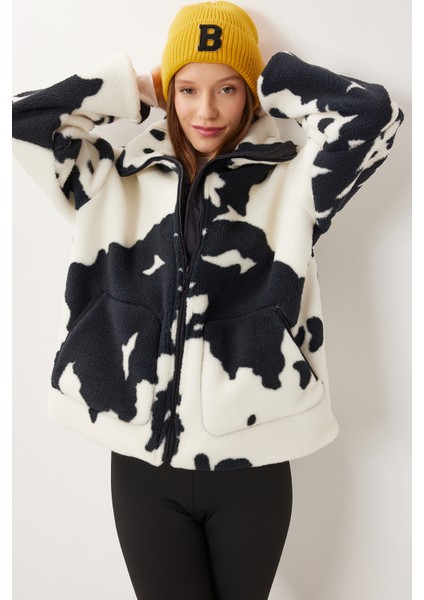 Dik Yaka Desenli Peluş Mont LCI0051 Ekru Siyah fırsatları