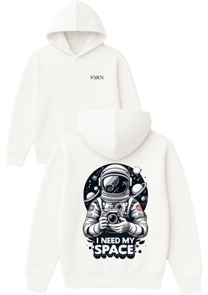 I Need My Space Tasarım Baskılı Oversize Beyaz Kapüşonlu Sweatshirt