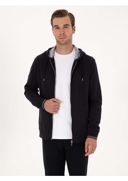 Erkek Lacivert Regular Fit Pamuk Karışımlı Tam Fermuarlı Kapüşonlu Sweatshirt 50318867-VR033