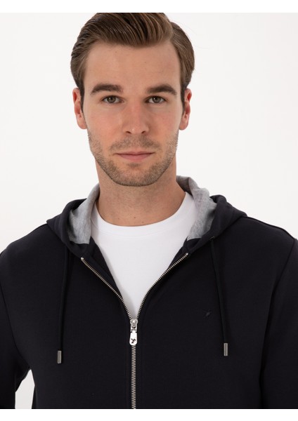 Erkek Lacivert Regular Fit Pamuk Karışımlı Tam Fermuarlı Kapüşonlu Sweatshirt 50318867-VR033 fiyatları