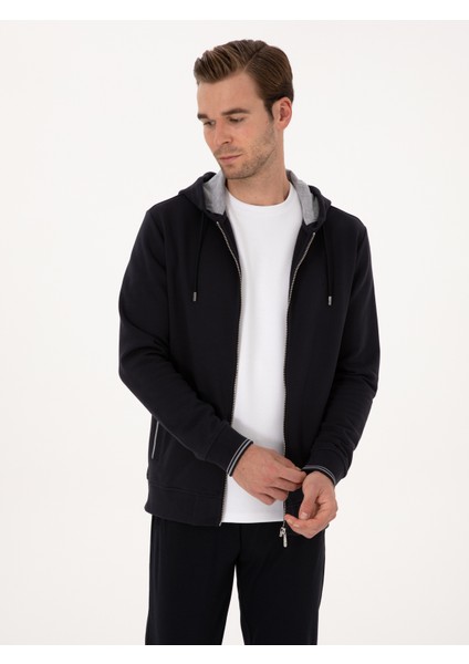 Erkek Lacivert Regular Fit Pamuk Karışımlı Tam Fermuarlı Kapüşonlu Sweatshirt 50318867-VR033 modelleri
