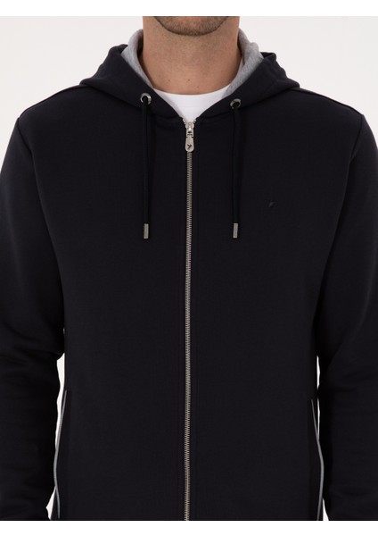 Erkek Lacivert Regular Fit Pamuk Karışımlı Tam Fermuarlı Kapüşonlu Sweatshirt 50318867-VR033