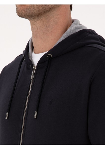 Erkek Lacivert Regular Fit Pamuk Karışımlı Tam Fermuarlı Kapüşonlu Sweatshirt 50318867-VR033
