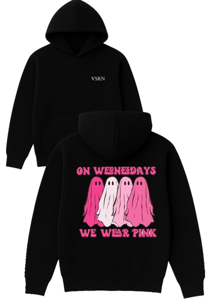 On Wednesdays Tasarım Baskılı Oversize Siyah Kapüşonlu Sweatshirt