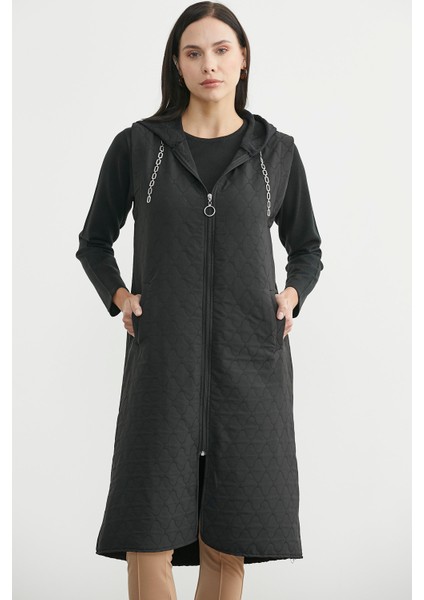 Kapüşonlu Astarsız Tunik Boy Yelek - Siyah