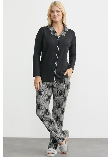 Desen Kombinli Düğmeli Pijama Takım - Siyah