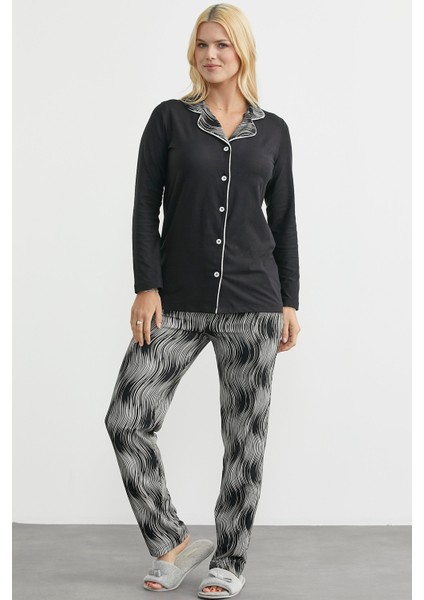 Desen Kombinli Düğmeli Pijama Takım - Siyah modelleri
