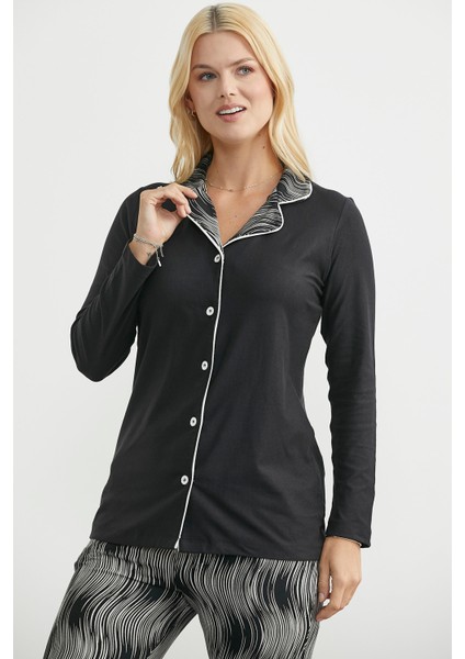 Desen Kombinli Düğmeli Pijama Takım - Siyah fırsatları