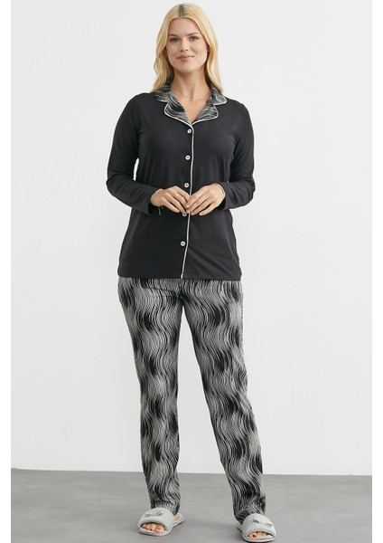 Desen Kombinli Düğmeli Pijama Takım - Siyah indirimleri