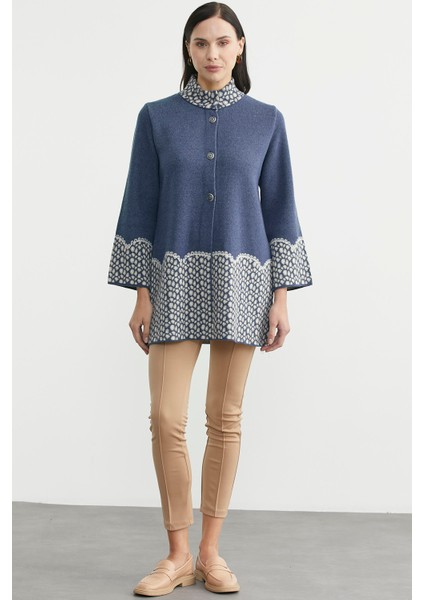 Dik Yaka Düğmeli Uzun Triko Hırka - Indigo