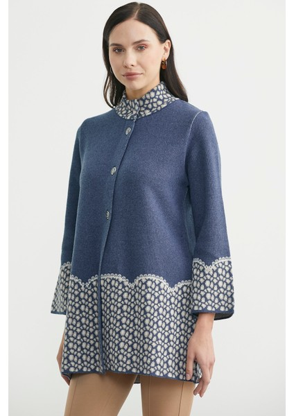 Dik Yaka Düğmeli Uzun Triko Hırka - Indigo fiyatları