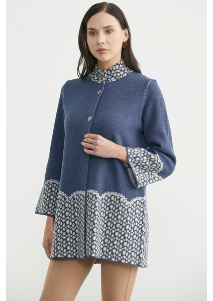 Dik Yaka Düğmeli Uzun Triko Hırka - Indigo modelleri