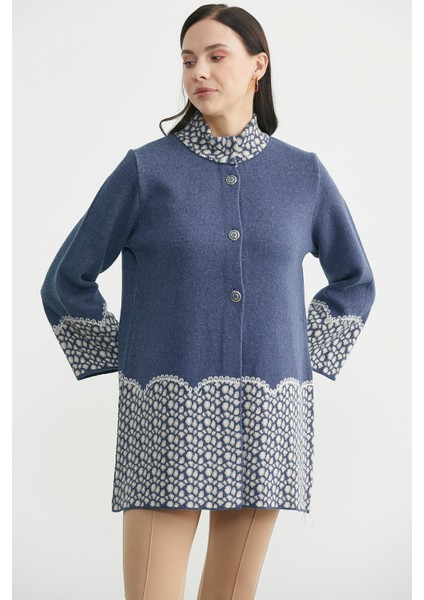 Dik Yaka Düğmeli Uzun Triko Hırka - Indigo fırsatları