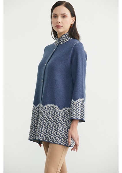 Dik Yaka Düğmeli Uzun Triko Hırka - Indigo indirimleri