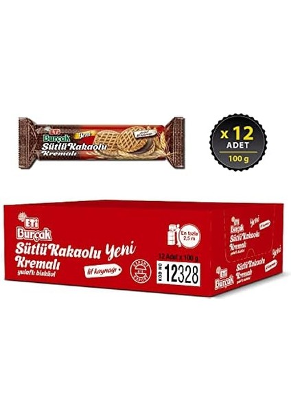 Eti Burçak Sütlü Kakaolu Kremalı Yulaflı Bisküvi 100 G x 12 Adet fiyatları