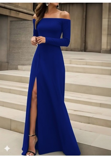 Kadın Uzun Kollu Madonna Yakalı Yırtmaç Detaylı Uzun Ithal Krep Elbise fırsatları