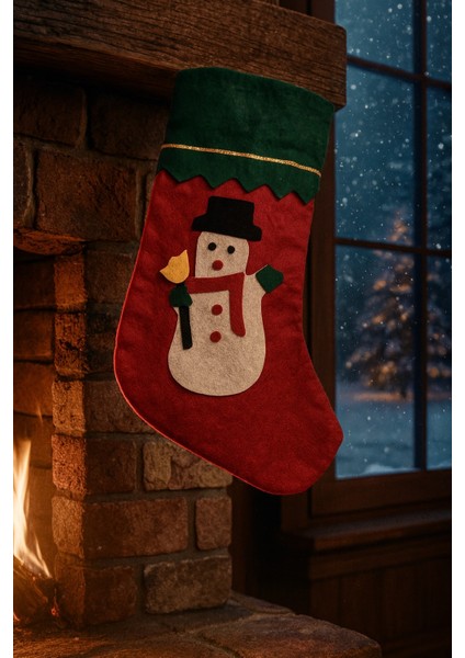 Kardan Adam Desenli Keçe Yılbaşı Çorabı Şömine Dekoru Hediyelik Kese Noel Süsleme Ürünü