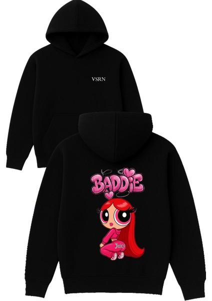 Baddıe Juıcy Tasarım Baskılı Oversize Siyah Kapüşonlu Sweatshirt