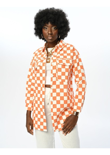 Dama Desenli Turuncu Pamuk Gabardin Gömlek Ceket