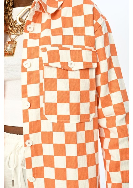 Dama Desenli Turuncu Pamuk Gabardin Gömlek Ceket modelleri