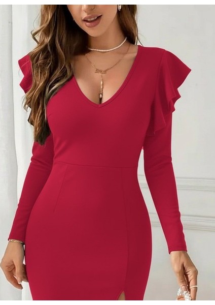 Kadın Uzun Kollu V Yakalı Yandan Yırtmaçlı Midi Ithal Krep Elbise fiyatları