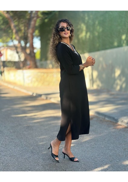 Kadın Uzun Kollu V Şerit Yakalı Viskon Iki Iplik Elbise indirimleri