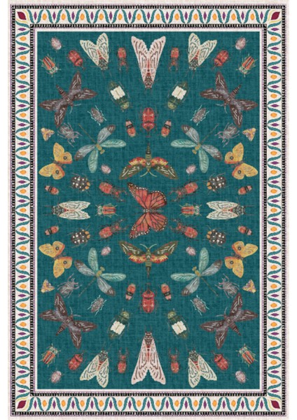 Dijital Baskılı Renkli Kelebek Desenli Kaymaz Taban Yıkanabilir Halı