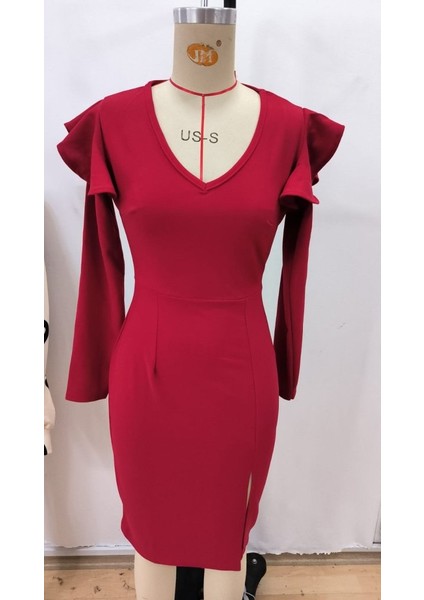 Kadın Uzun Kollu V Yakalı Yandan Yırtmaçlı Midi Ithal Krep Elbise fırsatları