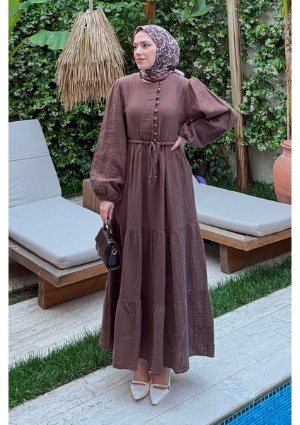 Bel Büzgülü Tesettür Elbise Acı Kahverengi