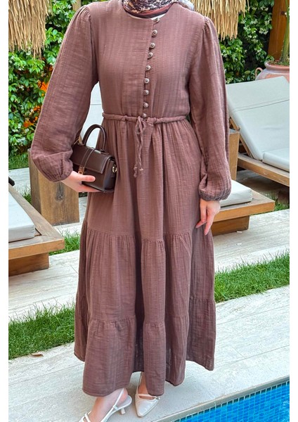 Bel Büzgülü Tesettür Elbise Acı Kahverengi modelleri