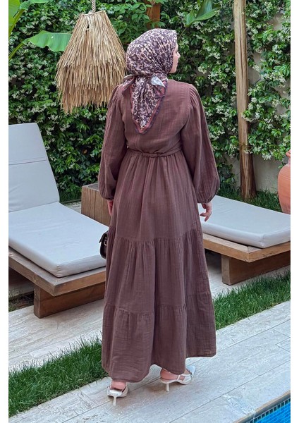 Bel Büzgülü Tesettür Elbise Acı Kahverengi fırsatları