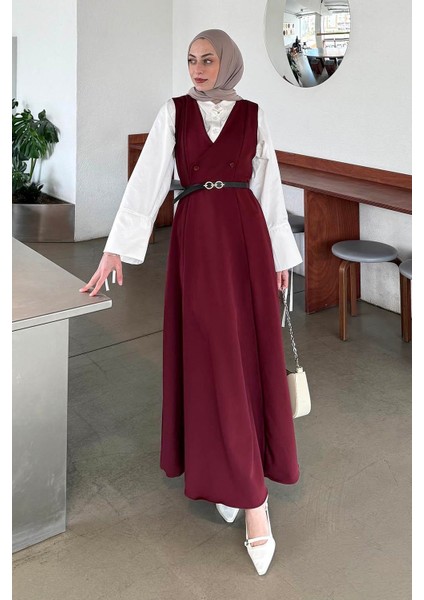 Düğme Detaylı Kolsuz Tesettür Elbise Bordo