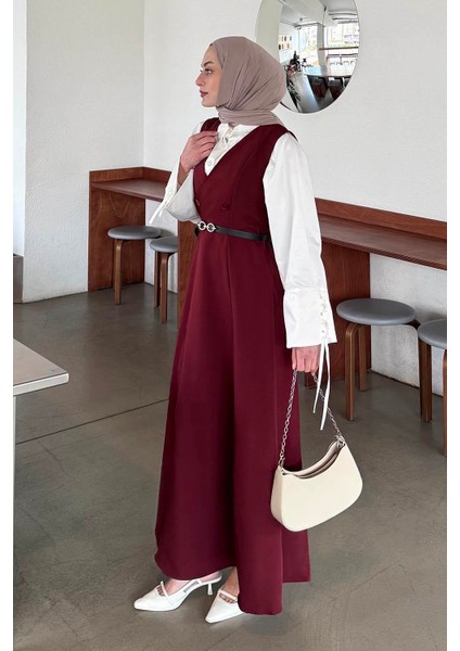 Düğme Detaylı Kolsuz Tesettür Elbise Bordo fiyatları