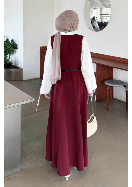 Düğme Detaylı Kolsuz Tesettür Elbise Bordo fırsatları