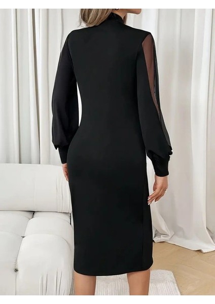 Kadın Uzun Kollu Yarı Balıkçı Yaka Tül ve Inci Detaylı Kısa Ithal Krep Midi Elbise fiyatları