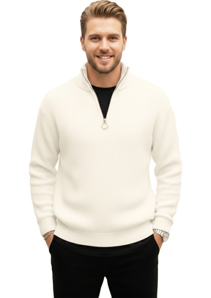 Erkek Ekru Yarım Fermuarlı Oversize Kesim Triko Kazak – %100 Pamuk, Yumuşak Dokulu Örgü Kazak 2608511