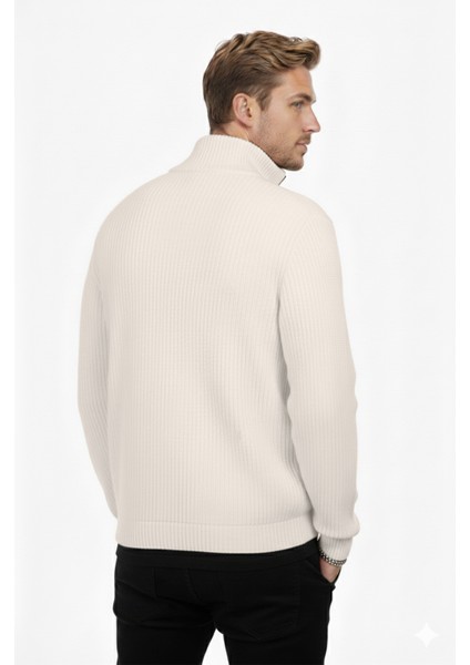 Erkek Ekru Yarım Fermuarlı Oversize Kesim Triko Kazak – %100 Pamuk, Yumuşak Dokulu Örgü Kazak 2608511 fiyatları