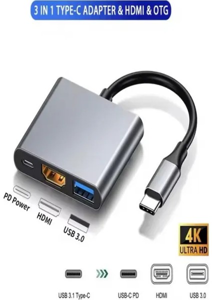 Fh7 Hub Fulltech 3-In-1 Usb-C Hub 1xusb-A, 1xusb-C ve 1xhdmı Girişli, Metalik USB Çoklayıcı