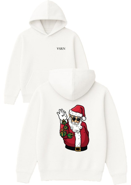 Hediye Saçan Noel Baba Tasarım Baskılı Oversize Beyaz Kapüşonlu Sweatshirt