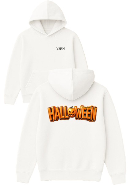 Hallowen Kabak Tasarım Baskılı Oversize Beyaz Kapüşonlu Sweatshirt