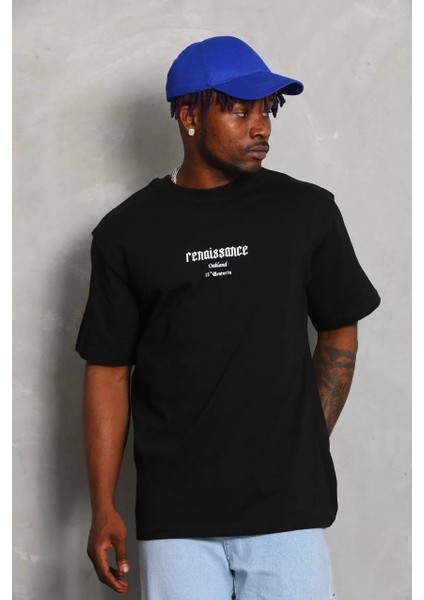 Unisex Oversize Baskılı Bisiklet Yaka T-Shirt - Siyah