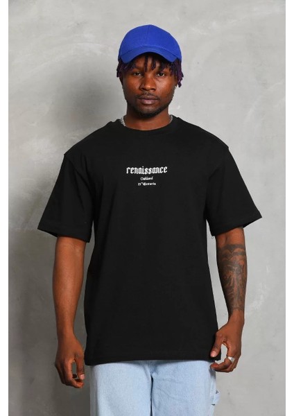 Unisex Oversize Baskılı Bisiklet Yaka T-Shirt - Siyah fiyatları