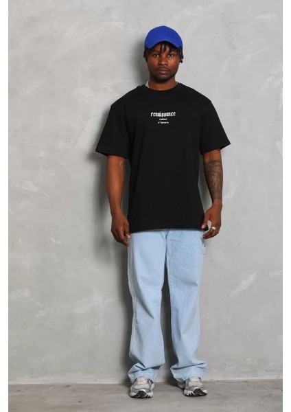 Unisex Oversize Baskılı Bisiklet Yaka T-Shirt - Siyah modelleri