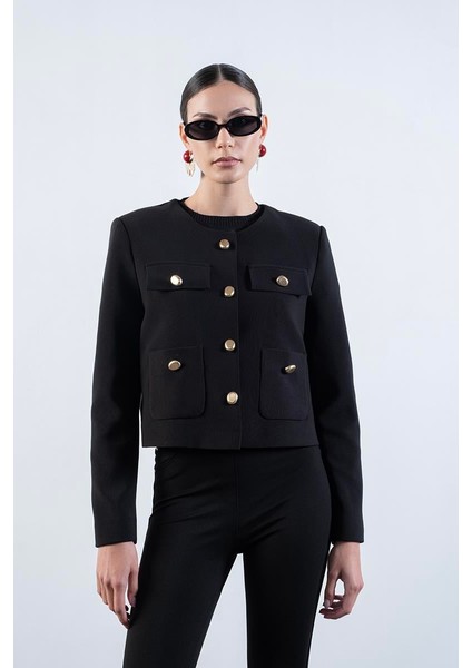 Dalciso Yakasız Cepli Düğmeli Kısa Ceket Siyah modelleri